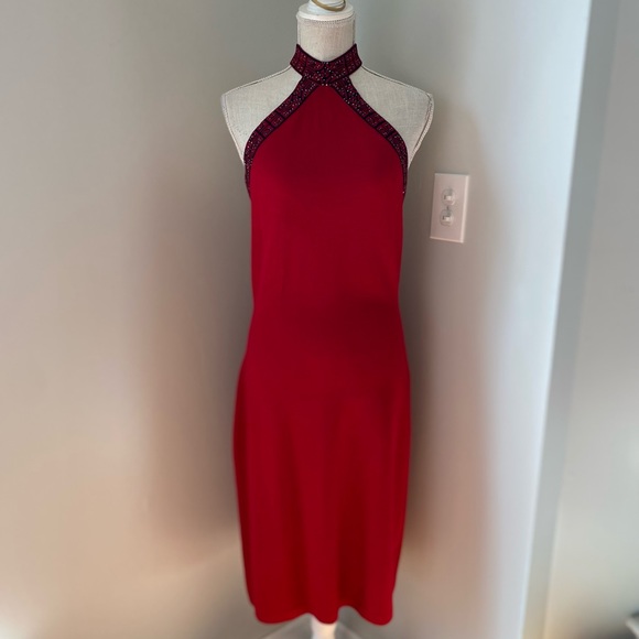 St John Evening by Marie Gray Red Black Halter Knit Dress - Picture 2 of 11